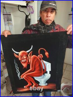 Devil on toilet smoking, Original oil painting on black velvet. Size 24x18 Devil on toilet smoking, Original oil painting on black velvet. Size 24x18