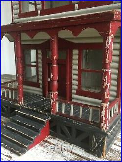 Doll House Antique Folk Art Architectural Model Wood Ooak Red White Paint Aafa