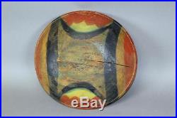 Early 19th C Turned Wooden Bowl In Old Folk Art Blue Red Yellow & Gold Paint