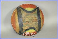 Early 19th C Turned Wooden Bowl In Old Folk Art Blue Red Yellow & Gold Paint