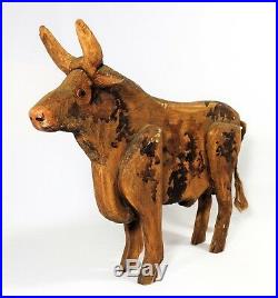 EARLY 20TH C. VINTAGE HAND-CRAFTED, PAINTED FOLK ART WOODEN BULL WithORIG SURFACE