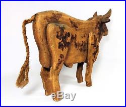 EARLY 20TH C. VINTAGE HAND-CRAFTED, PAINTED FOLK ART WOODEN BULL WithORIG SURFACE