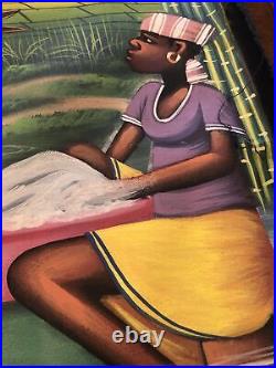 ESAIE GUSTAVE Wash Day31x41 Caribbean Haitian Folk Art Painting Canvas Signed