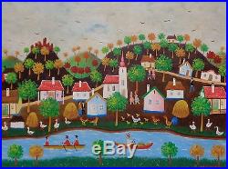 E. Molnar Estate Vintage Americana Folk Art Hills & River Oil Painting on Board