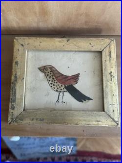 Early 1820-1840 Pennsylvania Watercolor Folk Art Bird In Gold Frame