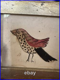 Early 1820-1840 Pennsylvania Watercolor Folk Art Bird In Gold Frame