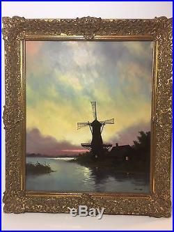 Early 1900's Antique VICTORIAN Primitive WINDMILL Folk Art River Oil PAINTING