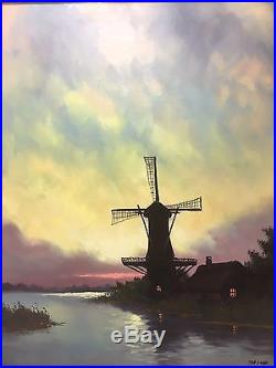 Early 1900's Antique VICTORIAN Primitive WINDMILL Folk Art River Oil PAINTING