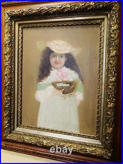 Early 1900's Antique Victorian Folk Art Girl With Bird Nest Orig Antique Frame