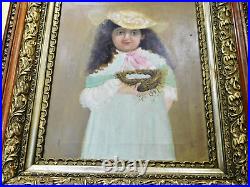 Early 1900's Antique Victorian Folk Art Girl With Bird Nest Orig Antique Frame