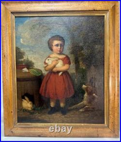 Early 19th C American Folk Art Painting Child Girl W Rabbits & Dog By Andrews