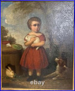 Early 19th C American Folk Art Painting Child Girl W Rabbits & Dog By Andrews