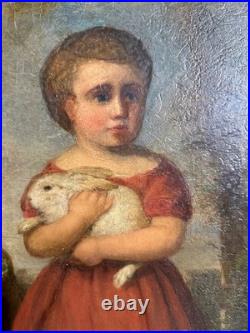 Early 19th C American Folk Art Painting Child Girl W Rabbits & Dog By Andrews