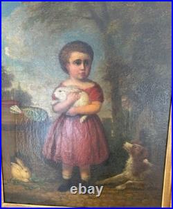 Early 19th C American Folk Art Painting Child Girl W Rabbits & Dog By Andrews