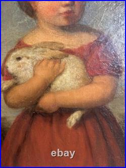 Early 19th C American Folk Art Painting Child Girl W Rabbits & Dog By Andrews