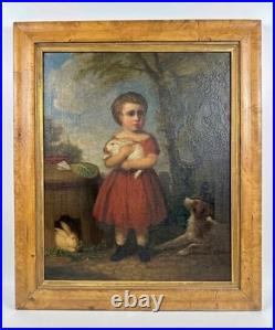 Early 19th C American Folk Art Painting Child Girl W Rabbits & Dog By Andrews Early 19th C American Folk Art Painting Child Girl W Rabbits & Dog By Andrews