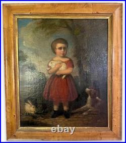 Early 19th C American Folk Art Painting Child Girl W Rabbits & Dog By Andrews