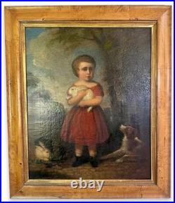Early 19th C American Folk Art Painting Child Girl W Rabbits & Dog By Andrews