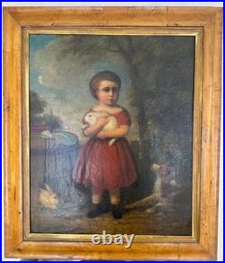 Early 19th C American Folk Art Painting Child Girl W Rabbits & Dog By Andrews