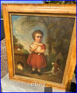Early 19th C American Folk Art Painting Child Girl W Rabbits & Dog By Andrews