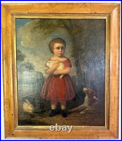 Early 19th C American Folk Art Painting Child Girl W Rabbits & Dog By Andrews