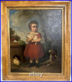 Early 19th C American Folk Art Painting Child Girl W Rabbits & Dog By Andrews