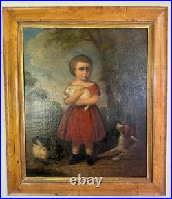 Early 19th C American Folk Art Painting Child Girl W Rabbits & Dog By Andrews