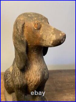 Early 20th Century Folk Art Hand Carved Wood Dog Spaniel Sculpture Painted