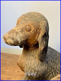 Early 20th Century Folk Art Hand Carved Wood Dog Spaniel Sculpture Painted