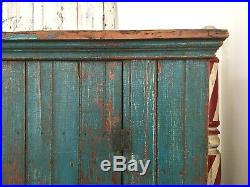 Early Aafa Antique Folk Art Cabinet Cupboard Square Nails Orig Blue Paint Repair