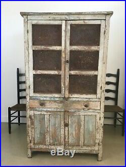 Early Aafa Antique Folk Art Cupboard White Pie Safe Punched Tin Old Paint Wood