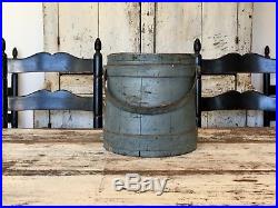 Early Aafa Antique Primitive Folk Art Firkin Wood Bucket Original Paint Blue