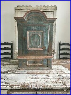 Early Aafa Folk Art Antique Original Hand Painted Blue Wall Cabinet Wood Dated