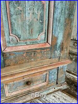 Early Aafa Folk Art Antique Original Hand Painted Blue Wall Cabinet Wood Dated