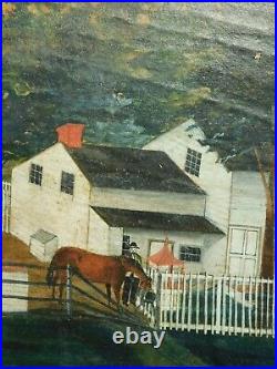 Early American Folk Art Oil Painting Farm Malden on Hudson New York 1850 Ulster