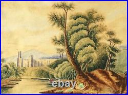 Early American Primitive Folk Art Watercolor Painting Hudson River Fort Signed