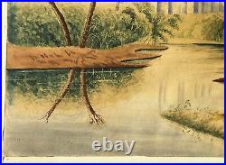 Early American Primitive Folk Art Watercolor Painting Hudson River Fort Signed