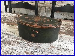 Early Antique Bentwood Folk Art Brides Box Original Hand Painted Green Floral