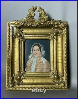 Early Antique Country Folk Art Portrait Pastel Painting Of A Maiden Gilt Framed