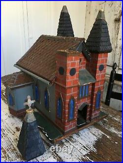 Early Antique Folk Art Architectural Model Old Church Wood Original Paint