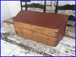 Early Antique Folk Art Wooden Trencher Dough Box Original Red And Blue Paint