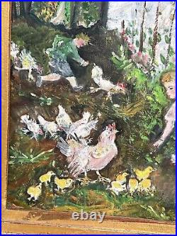 Early Naive Folk Art Painting Gilt Frame Garden Children Chickens Americana