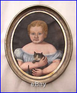 Early Original 1800's Child Cat Primitive American Folk Art Painting Portrait