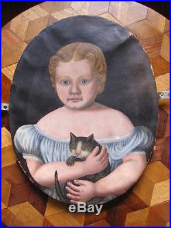 Early Original 1800's Child Cat Primitive American Folk Art Painting Portrait