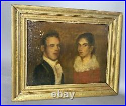 Early Primitive Folk Art Country Portrait Couple Gilt Framed Oil Painting Canvas