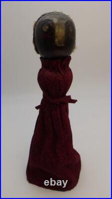 Early Primitive Folk Art Wooden Bedpost Doll Figure w Dress Original Old Paint