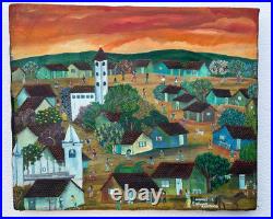 El Salvador Rommel L South American Naive Folk Art Oil Painting Spanish Village