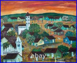 El Salvador Rommel L South American Naive Folk Art Oil Painting Spanish Village