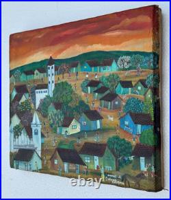 El Salvador Rommel L South American Naive Folk Art Oil Painting Spanish Village