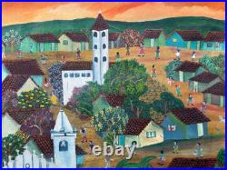 El Salvador Rommel L South American Naive Folk Art Oil Painting Spanish Village